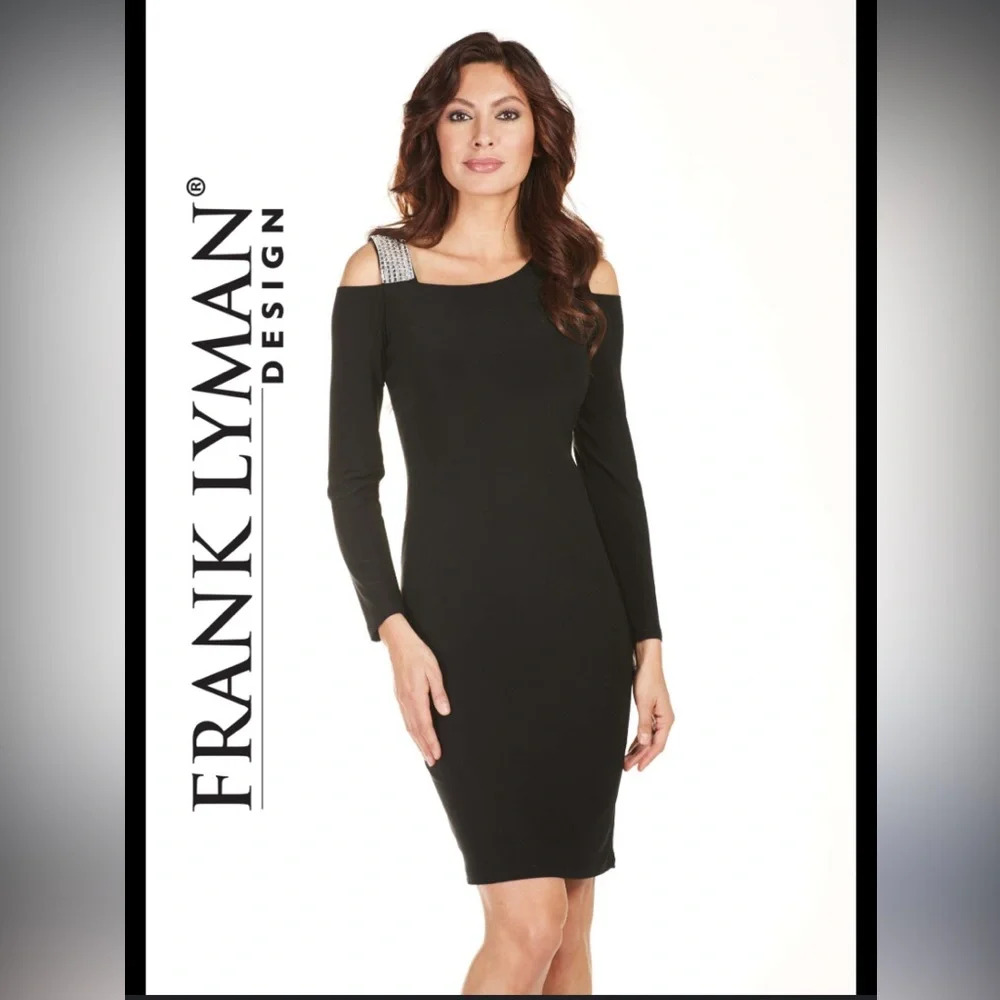 Frank Lyman Cocktail Dress Black Size 8 Rhinestone Detail Cold Shoulder Dress‎